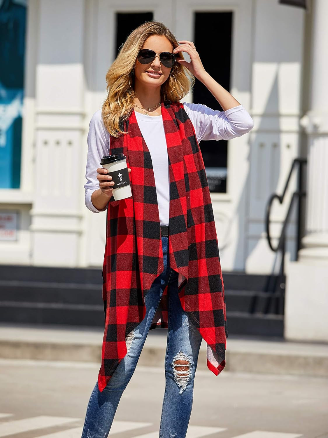 Ivay Womens Plaid Open Front Sweaters Sleeveless Duster Cardigans Drape Lightweight Vest Coat with Pockets