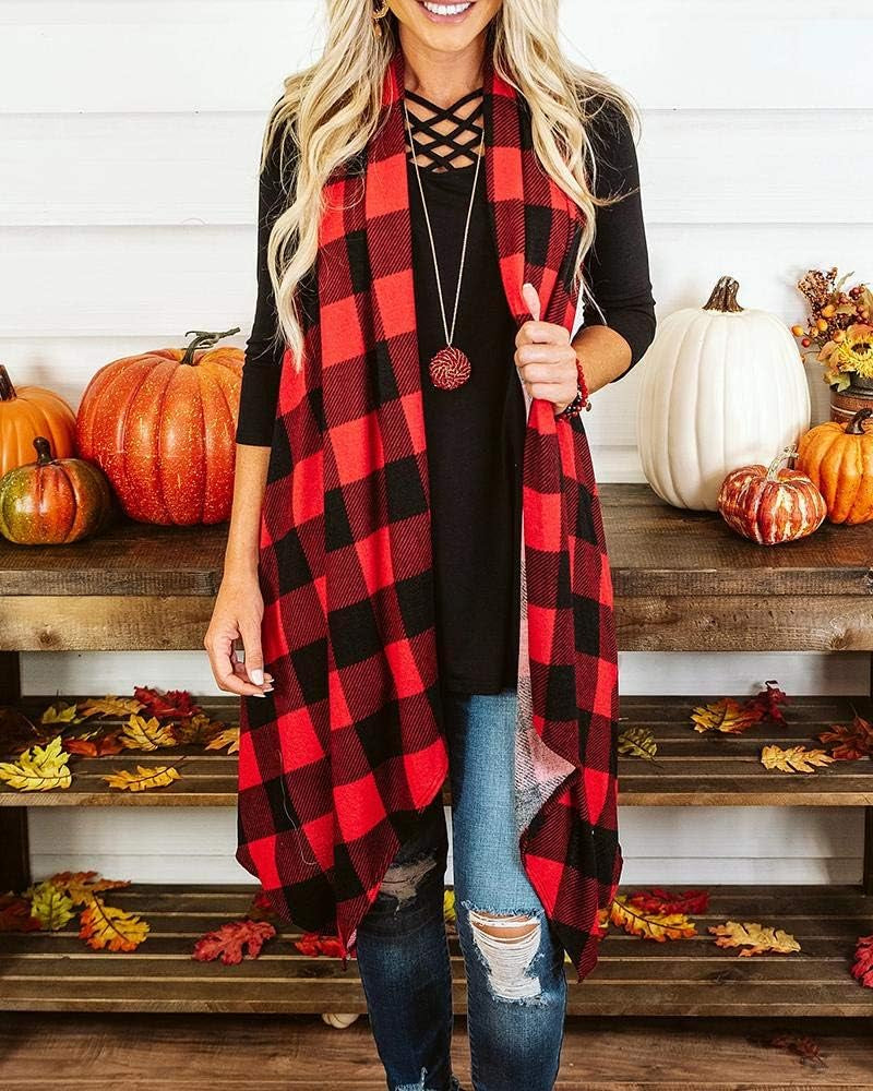 Ivay Womens Plaid Open Front Sweaters Sleeveless Duster Cardigans Drape Lightweight Vest Coat with Pockets